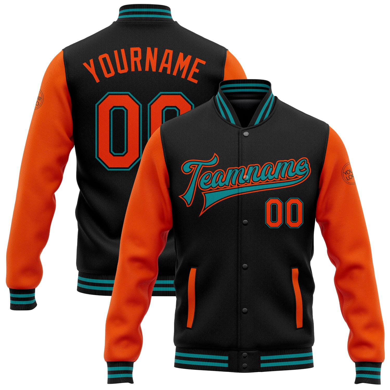 Custom Name Number Varsity Letterman Jacket Personalized Bomber in Black Orange-Teal Two Tone Full-Snap Design Personalized