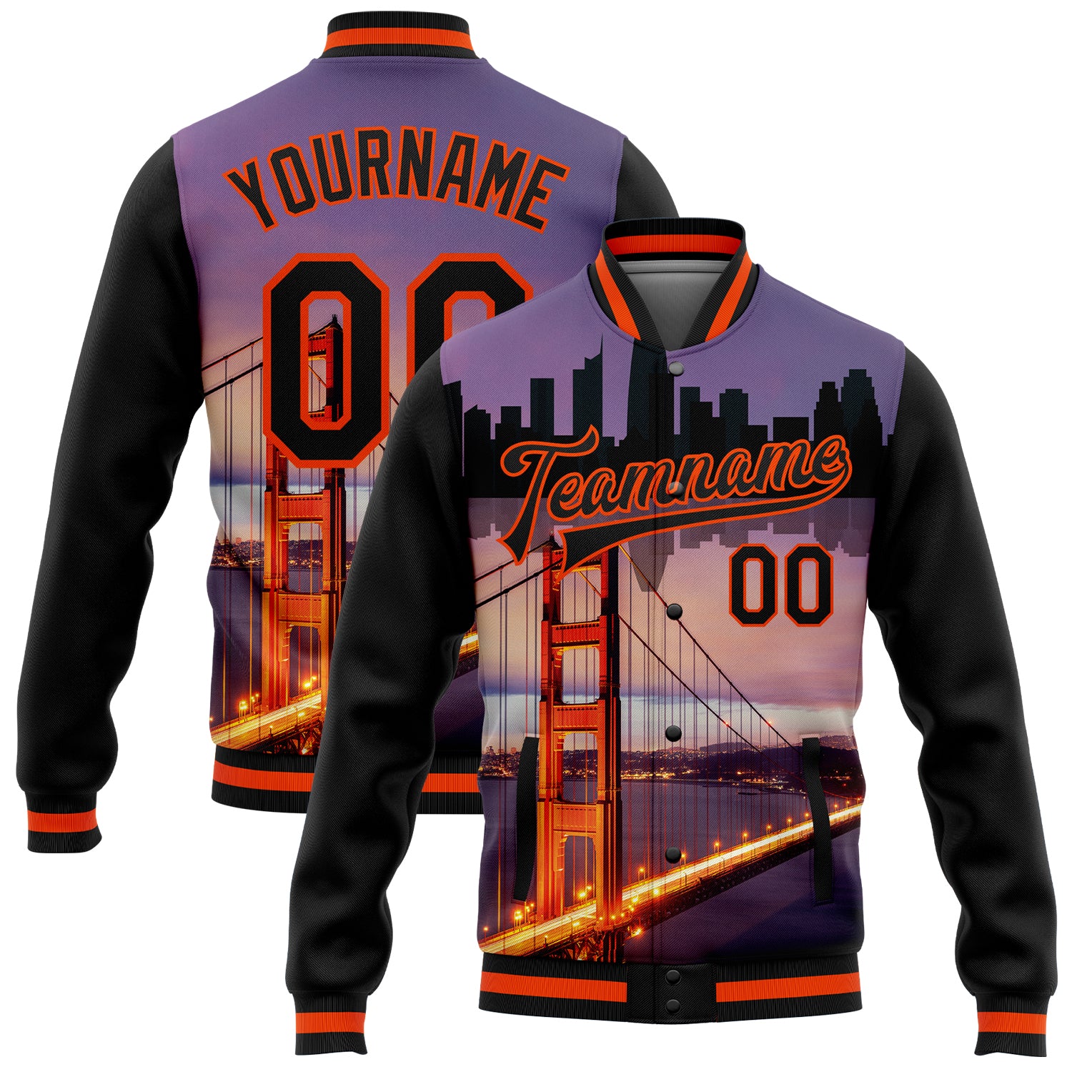 Personalized Golden Gate Bridge San Francisco Varsity Letterman Jacket Black Orange 3D Bomber Full-Snap Edition Personalized