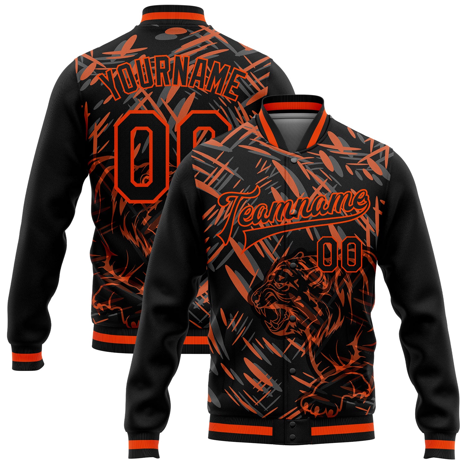 Custom Name Number Bomber Jacket Personalized 3D Black Orange Tiger Pattern Varsity Full-Snap Letterman Jacket Personalized