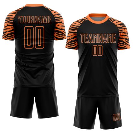 Custom black and orange soccer jersey, back view