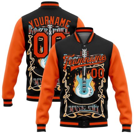 Personalized Vintage Black Orange Rock Music Festival 3D Bomber Jacket - Full-Snap Varsity Letterman Personalized Black Orange