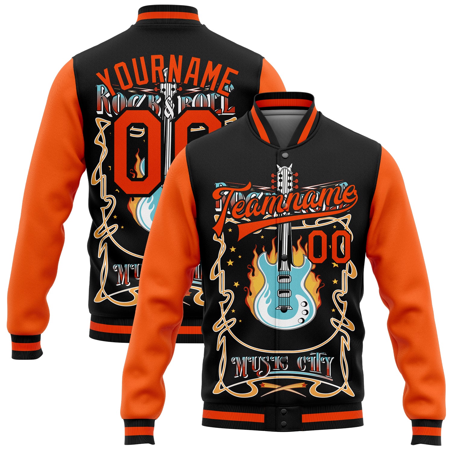 Custom Vintage Rock Music Festival 3D Pattern Black Orange Bomber Jacket with Personalized Name & Number - Varsity Letterman Style