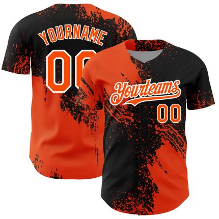Personalized 3D Abstract Brush Stroke Baseball Jersey in Black Orange-White Personalized Black Orange-White 3D Abstract Brush