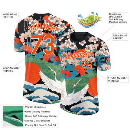Personalized 3D Animal Crane T-Shirt in Black, Orange, and White - Unique Performance Apparel Personalized Black Orange-White