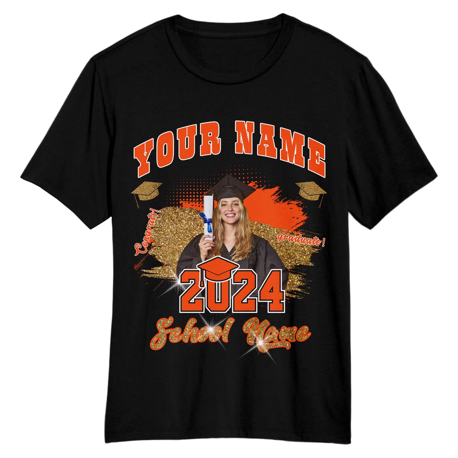 Custom Graduation T-Shirt with 3D Name and Number in Black Orange-White for Team Spirit Personalized Black Orange-White 3D