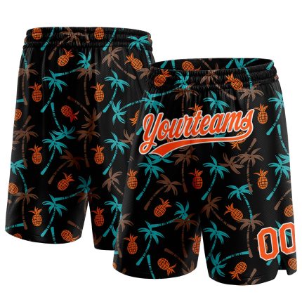 Personalized 3D Basketball Shorts with Black Orange-White Hawaii Palm Trees and Pineapple Design Personalized Black Orange-White