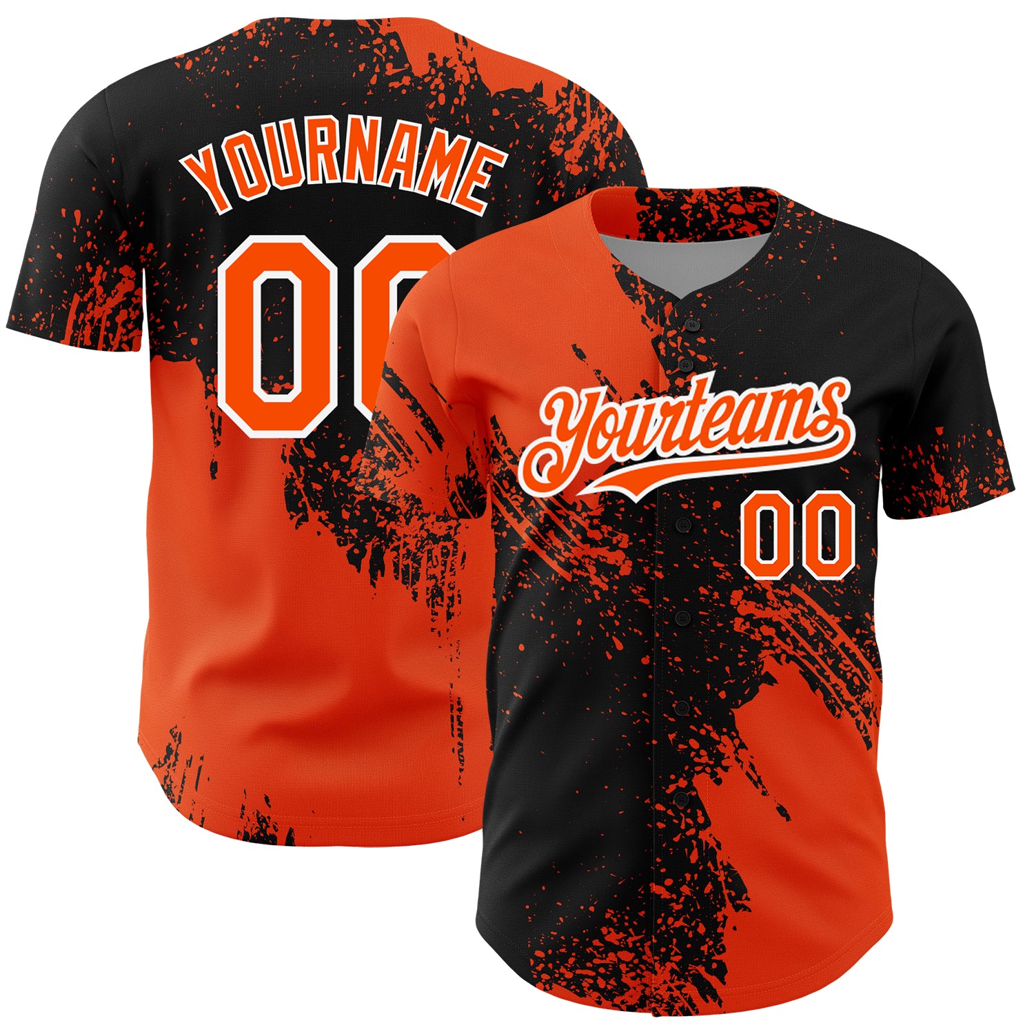 Customizable 3D Pattern Baseball Jersey - Abstract Black Orange White Brush Stroke Design with Personalized Name and Number