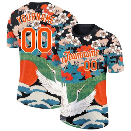 Custom Name and Number Animal Crane Performance T-Shirt - Personalized 3D Black Orange-White Design Personalized Black Orange-White