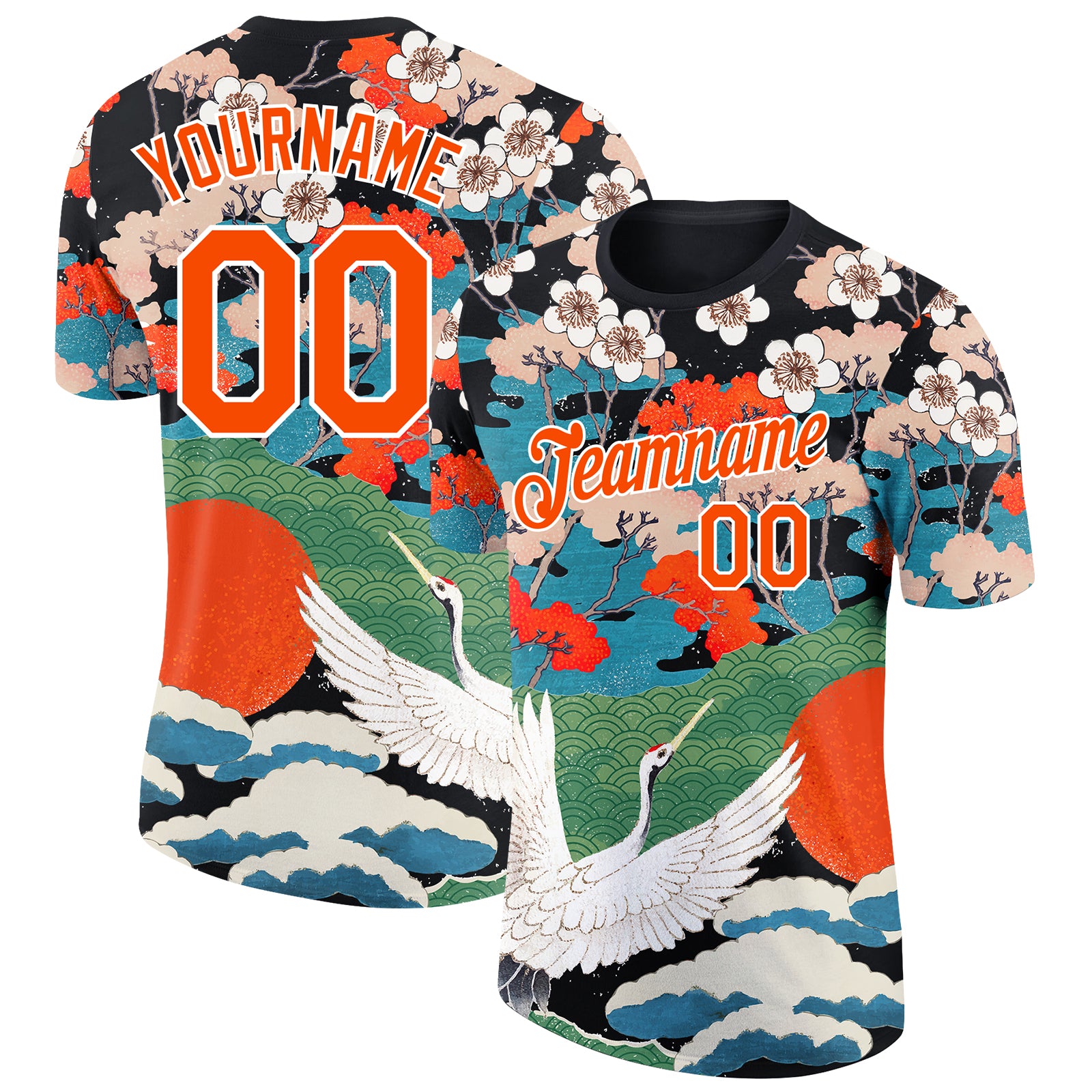 Custom Name and Number Animal Crane Performance T-Shirt - Personalized 3D Black Orange-White Design Personalized Black Orange-White