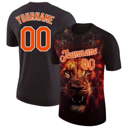 Customizable Lion Performance T-Shirt - 3D Black Orange White Pattern, Personalize with Team Name & Number Personalized Black