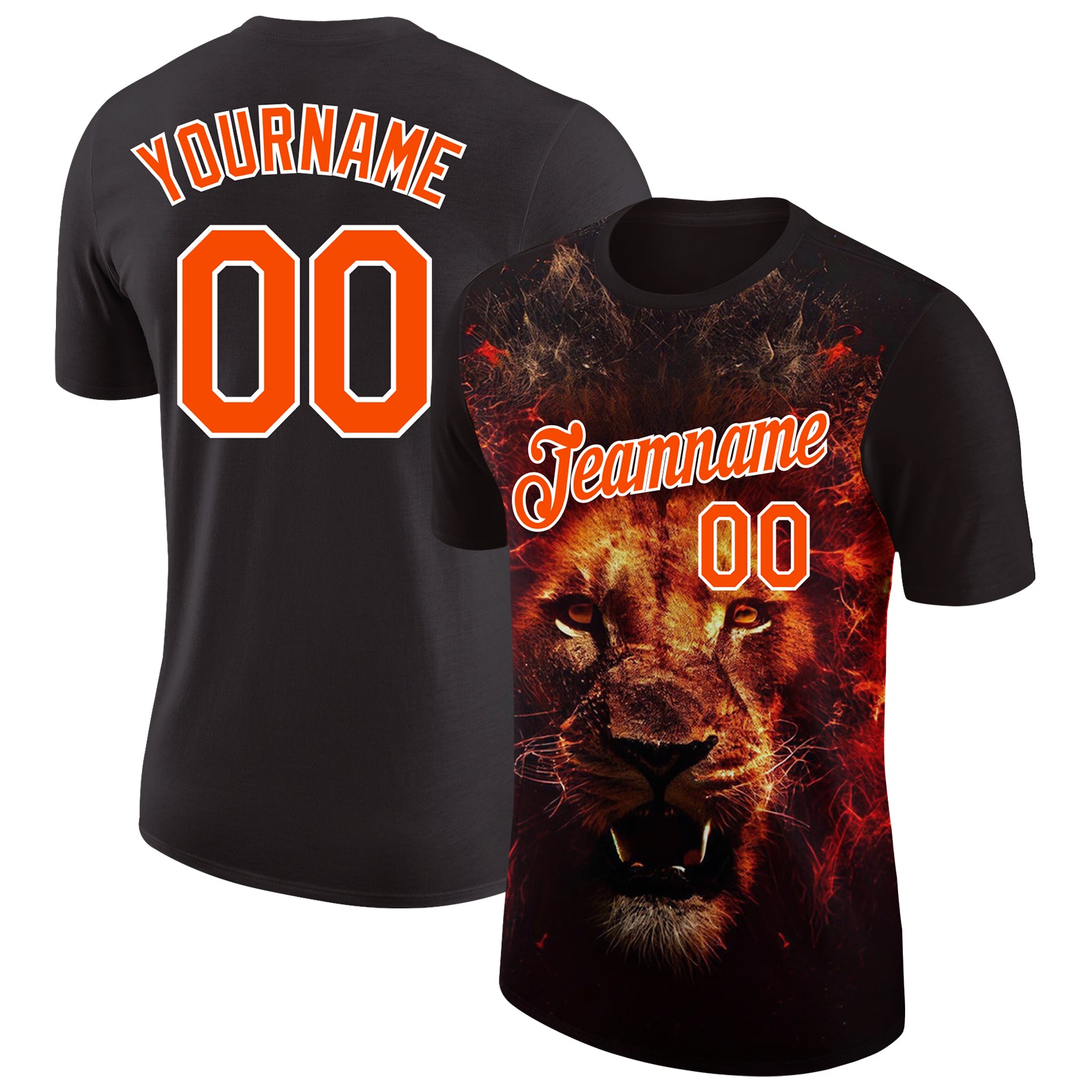 Customizable Lion Performance T-Shirt - 3D Black Orange White Pattern, Personalize with Team Name & Number Personalized Black