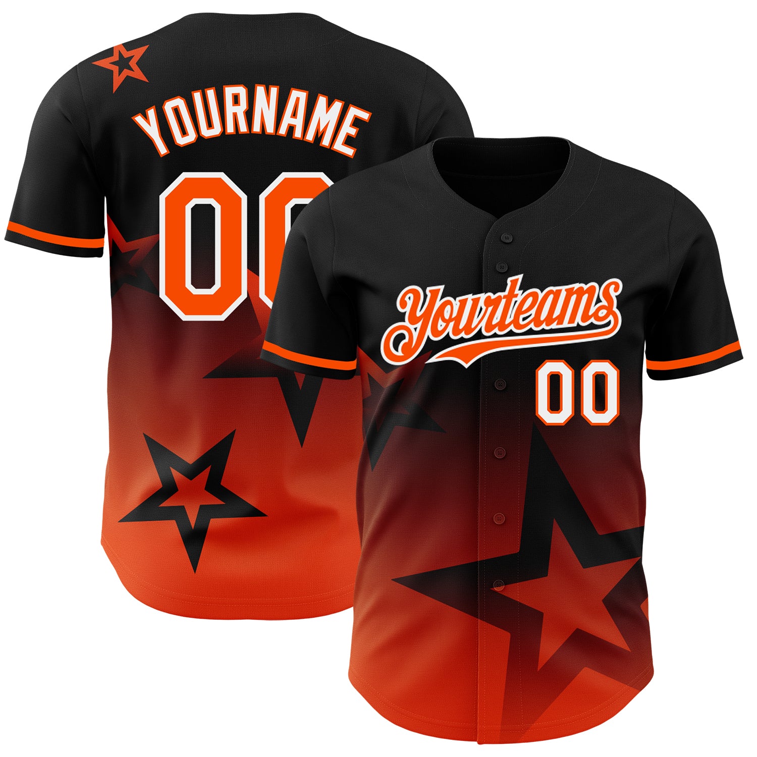 Custom Name and Number Twinkle Star Baseball Jersey in Black Orange-White 3D Gradient Design Personalized Black Orange-White