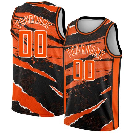 Custom Basketball Jersey with 3D Torn Paper Design - Personalized Black, Orange, and White Team Name & Number Personalized