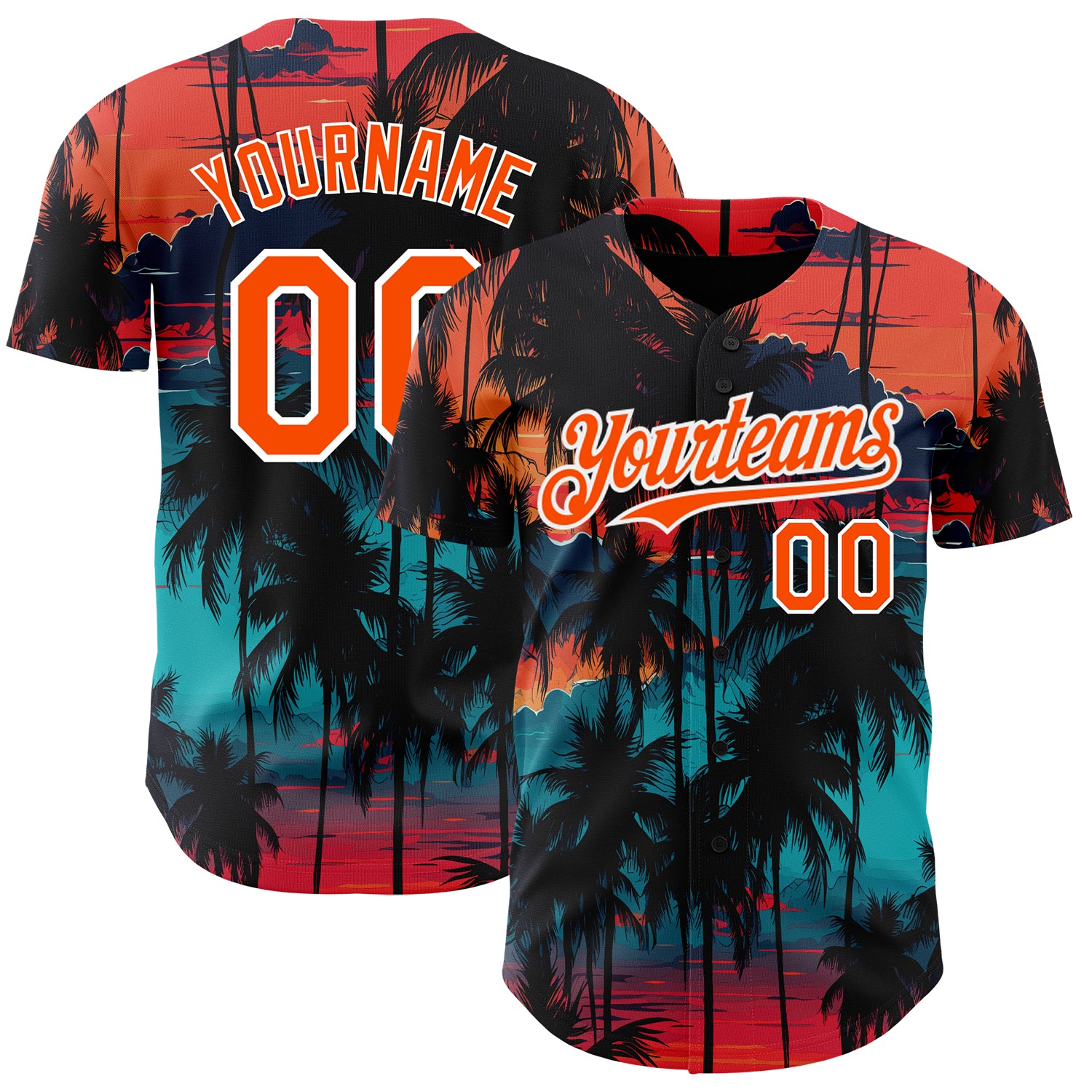 Custom Name and Number Personalized Baseball Jersey Tropical Hawaii Palms Trees 3D Pattern Black Orange-White Design Personalized