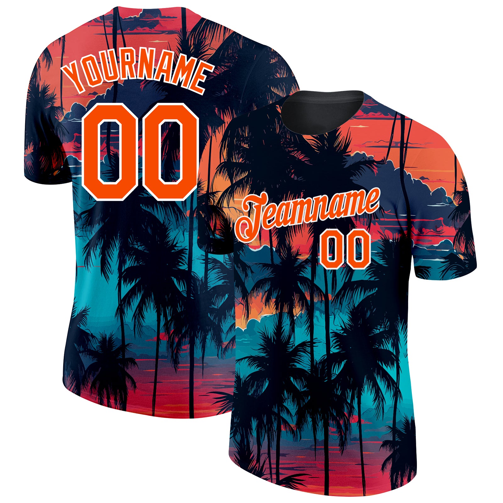 Custom Name & Number Tropical Hawaii Palms 3D Pattern Performance T-Shirt - Personalized Black Orange-White Design Personalized