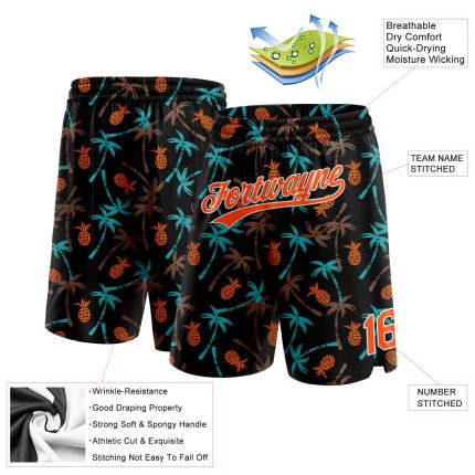 Custom Name Number Basketball Shorts 3D Pattern Hawaii Palm Trees Pineapple Black Orange White Personalized Black Orange-White