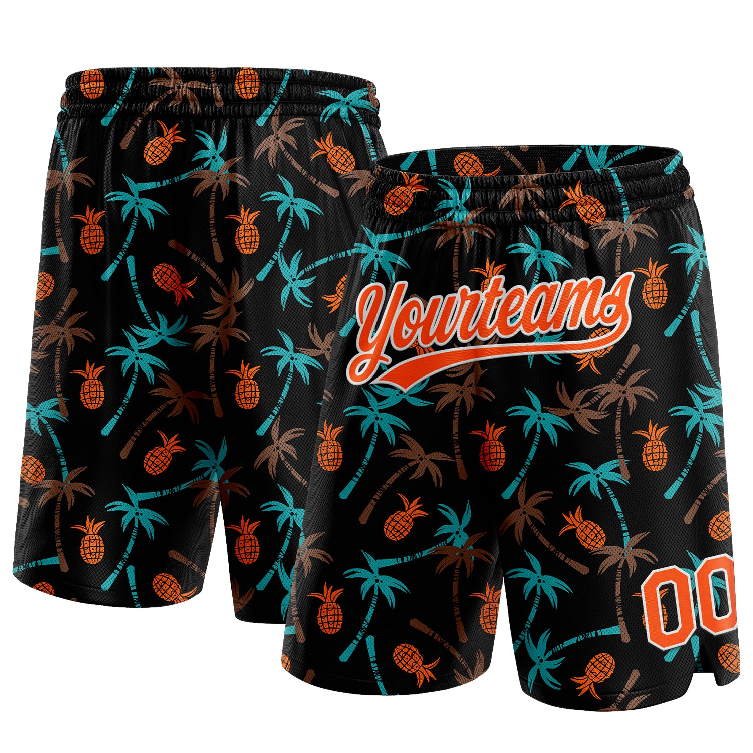 Custom Name Number Basketball Shorts 3D Pattern Hawaii Palm Trees Pineapple Black Orange White Personalized Black Orange-White