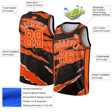 Custom Black Orange White 3D Torn Paper Basketball Jersey Personalization Available Personalized Black Orange-White 3D Torn