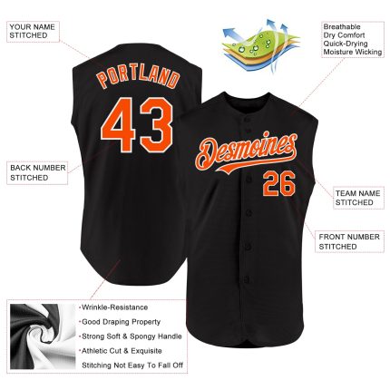 Custom Black Orange White Baseball Jersey - Authentic Sleeveless Design Personalized Black Orange-White Authentic Sleeveless
