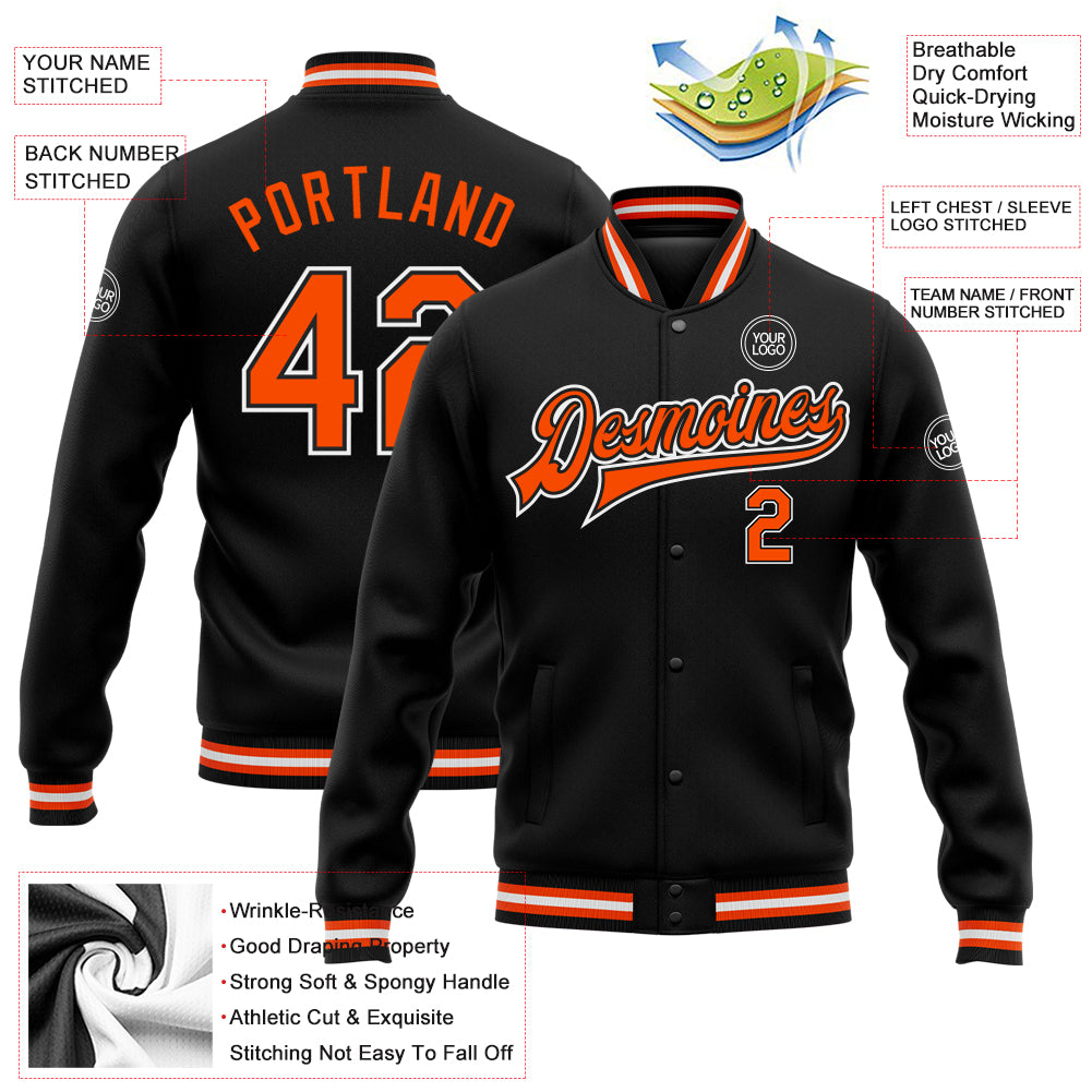 Personalized Varsity Letterman Jacket Black Orange White Full-Snap Bomber 2 Personalized Black Orange-White Bomber Full-Snap - Image 5