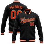 Personalized Varsity Letterman Jacket Black Orange White Full-Snap Bomber 2 Personalized Black Orange-White Bomber Full-Snap