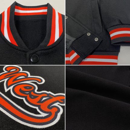 Custom Black Orange White Bomber Varsity Letterman Jacket - Personalized Full-Snap Design Personalized Black Orange-White