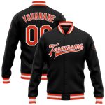 Custom Team Bomber Varsity Letterman Jacket with Name and Number - Personalized Black Orange-White Full-Snap Jacket Personalized