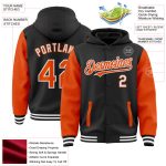 Customizable Varsity Bomber Hoodie Jacket - Personalized Black Orange-White Full-Snap with Team Name and Number Personalized