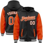 Customizable Varsity Bomber Hoodie Jacket - Personalized Black Orange-White Full-Snap with Team Name and Number Personalized