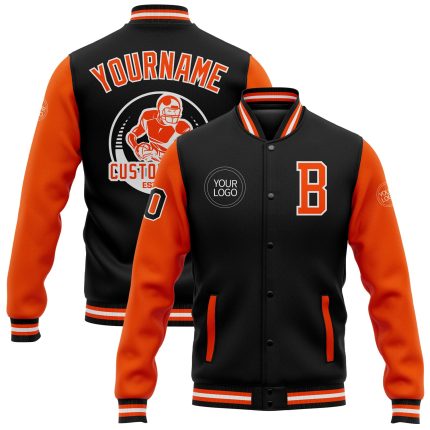 Personalized Two Tone Varsity Letterman Bomber Jacket Black Orange-White Full-Snap Personalized Black Orange-White Bomber