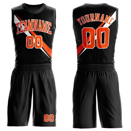 Personalized Basketball Jersey with Custom Name and Number, Black Orange-White Diagonal Lines, Round Neck Suit Personalized