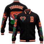 Personalized 3D Varsity Letterman Jacket Black Orange-White Elephant Full-Snap Bomber Jacket Personalized Black Orange-White
