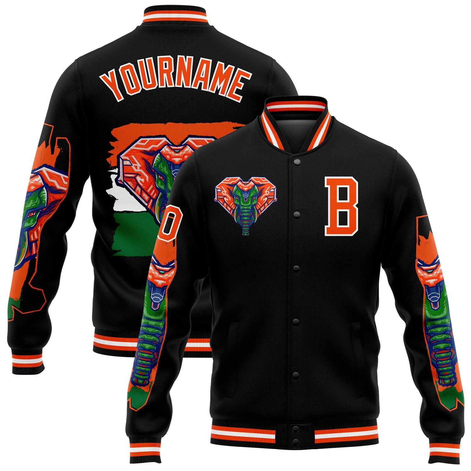 Personalized 3D Varsity Letterman Jacket Black Orange-White Elephant Full-Snap Bomber Jacket Personalized Black Orange-White