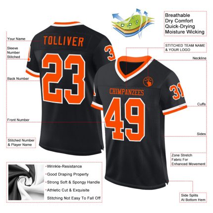 Personalized Custom Throwback Football Jersey - Black Orange White Mesh with Team Name & Number Personalized Black Orange-White