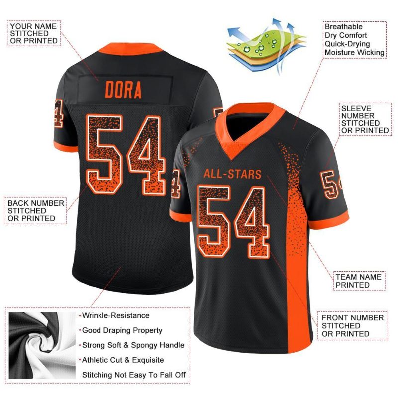 Custom Name and Number Football Jersey - Personalized Black Orange-White Mesh Drift Design Personalized Black Orange-White