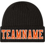 Personalized Cuffed Knit Hat - Black Orange White Stitched Winter Beanie Personalized Black Orange-White Stitched Cuffed