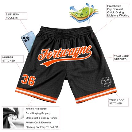Custom Black and Orange Throwback Basketball Shorts for Men Personalized Black Orange-White Throwback Basketball Shorts 2
