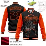 Personalized Black and Orange 3D Wolf Varsity Letterman Bomber Jacket Personalized Black Orange Wolf 3D Bomber Full-Snap