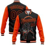 Custom Name Number Wolf 3D Pattern Black Orange Varsity Bomber Full-Snap Jacket Letterman Personalized Black Orange Wolf