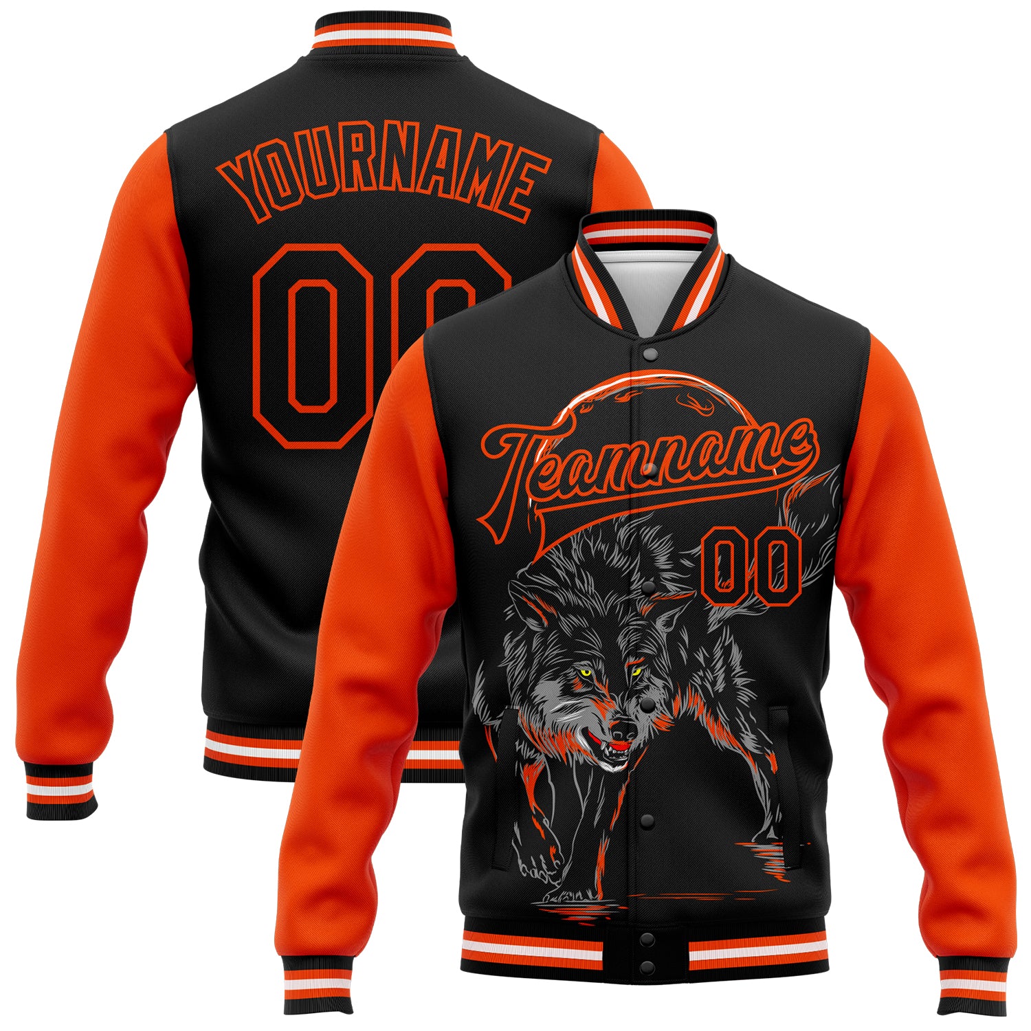 Custom Name Number Wolf 3D Pattern Black Orange Varsity Bomber Full-Snap Jacket Letterman Personalized Black Orange Wolf