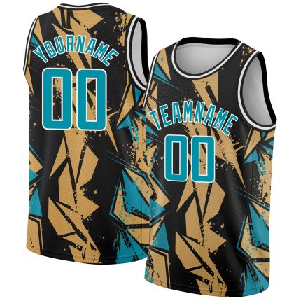 Custom Name & Number Black Panther Basketball Jersey 3D Blue-Old Gold Geometric Design, Authentic Team Apparel 9176 Personalized