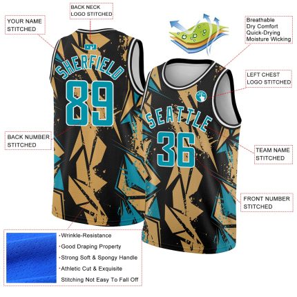 Custom Name Number Basketball Jersey - Personalized Black Panther 3D Pattern Geometric Shapes in Blue Old Gold Personalized