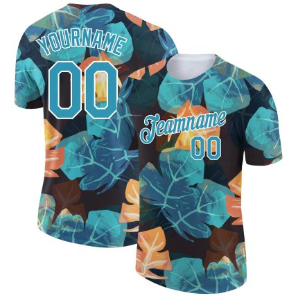 Custom Black Panther Performance T-Shirt with Blue-White 3D Pattern and Hawaii Palm Leaves - Team Name & Number Personalized
