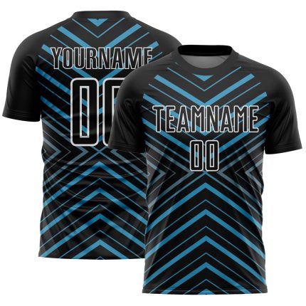 Personalized Black Panther Soccer Jersey with Blue-White Stripes, Sublimation Design, Size 2 Personalized Black Panther Blue-White