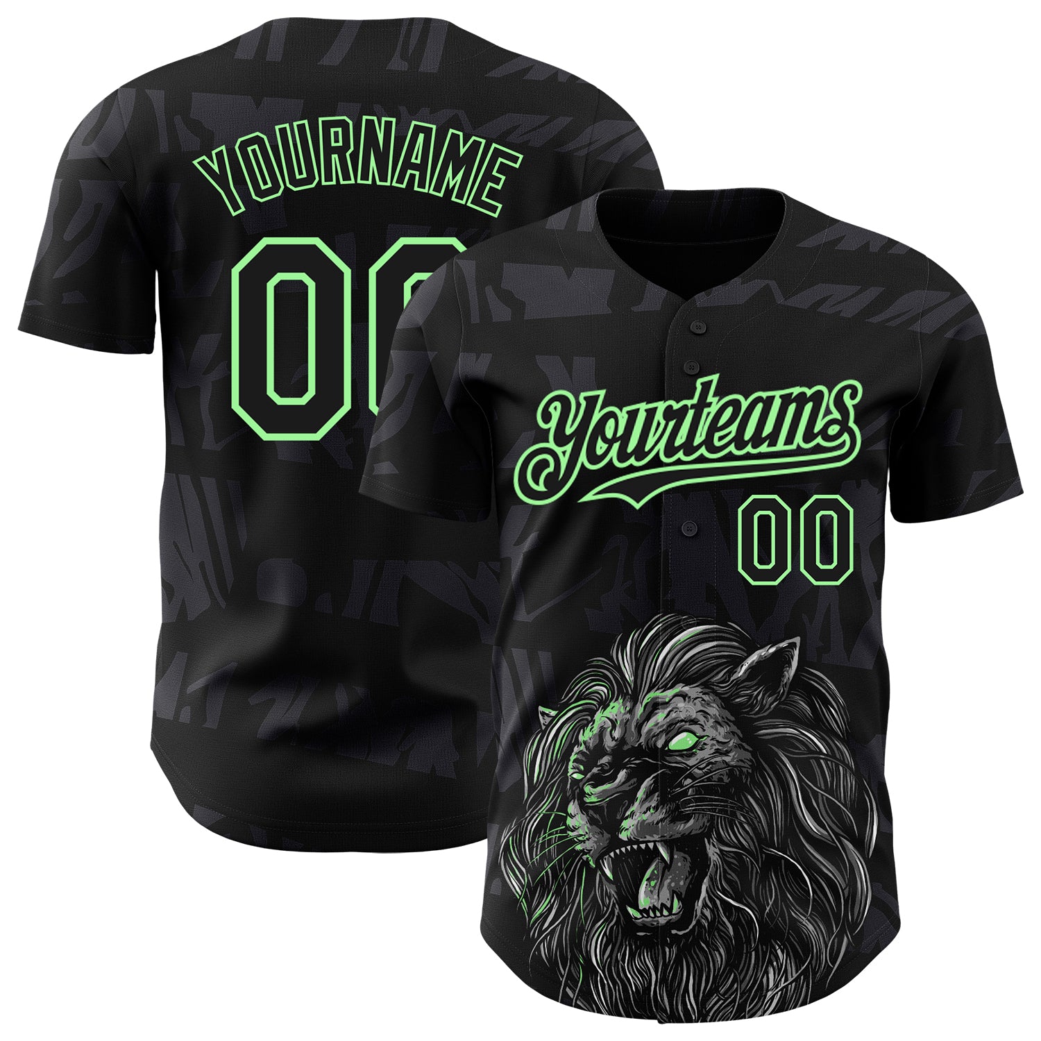 Personalized 3D Lion Baseball Jersey with Custom Name and Number, Black Pea Green Design, Authentic Team Gear Personalized