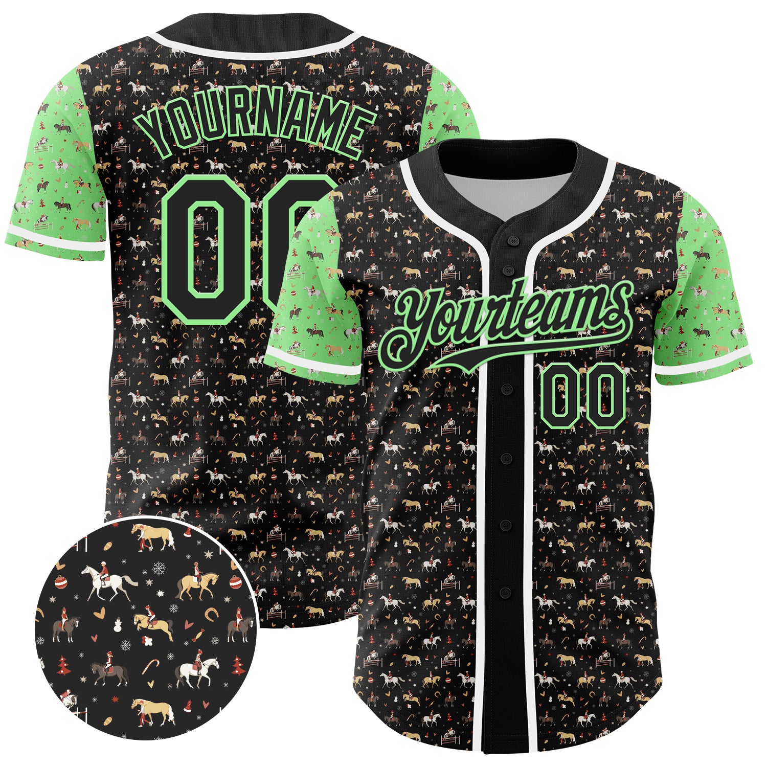 Custom Name and Number Black Green-White 3D Pattern Rodeo Cowboy Baseball Jersey - Personalized Team Apparel Personalized