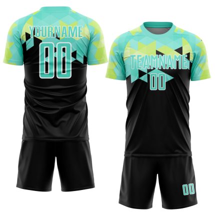 Personalized Black Green-White Geometric Soccer Uniform Jersey for Sublimation Personalized Black Pea Green-White Geometric