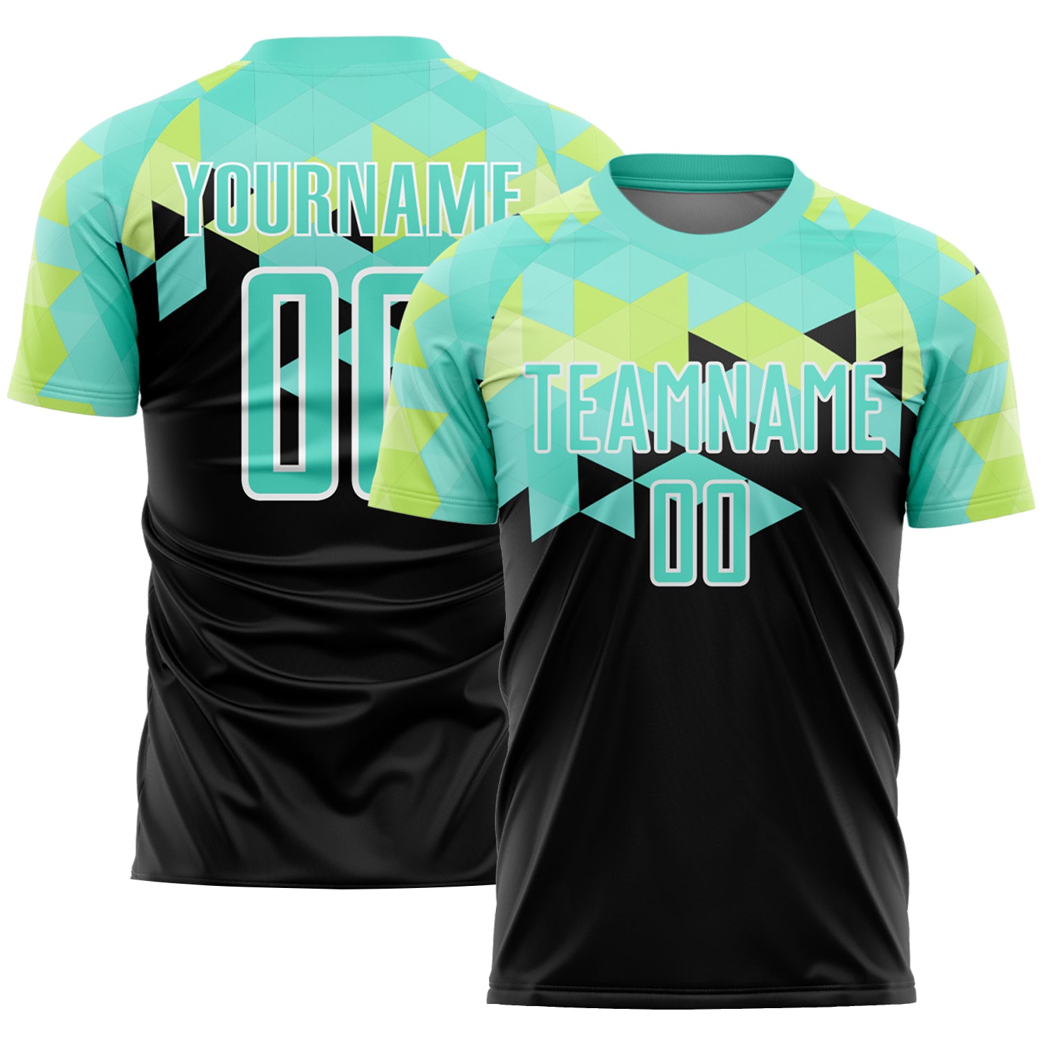 Custom Personalized Soccer Jersey with Geometric Shapes - Black Pea Green-White, Includes Name and Number Personalized Black