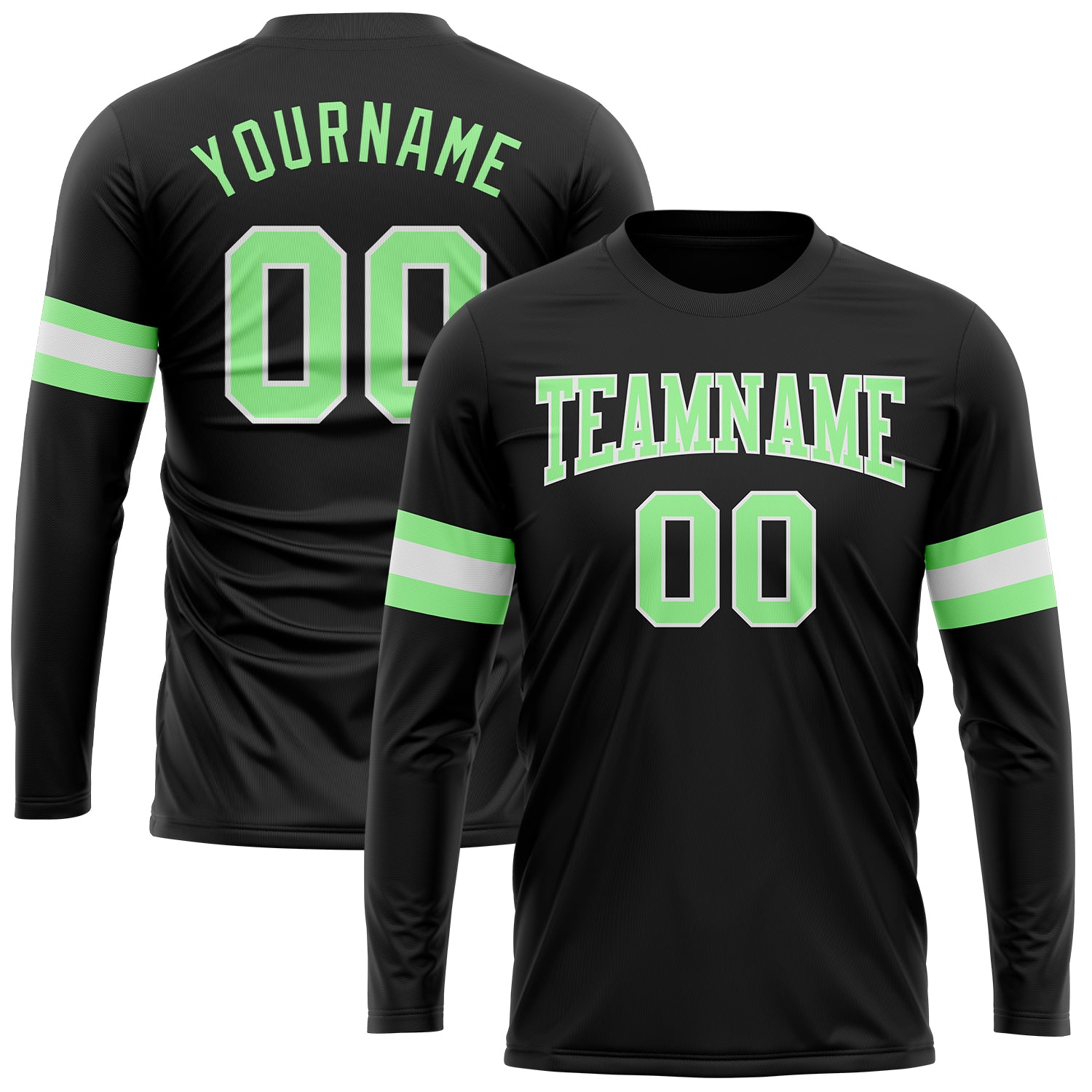 Custom Team Long Sleeve Performance T-Shirt - Personalized Black Pea Green-White with Name and Number Personalized Black