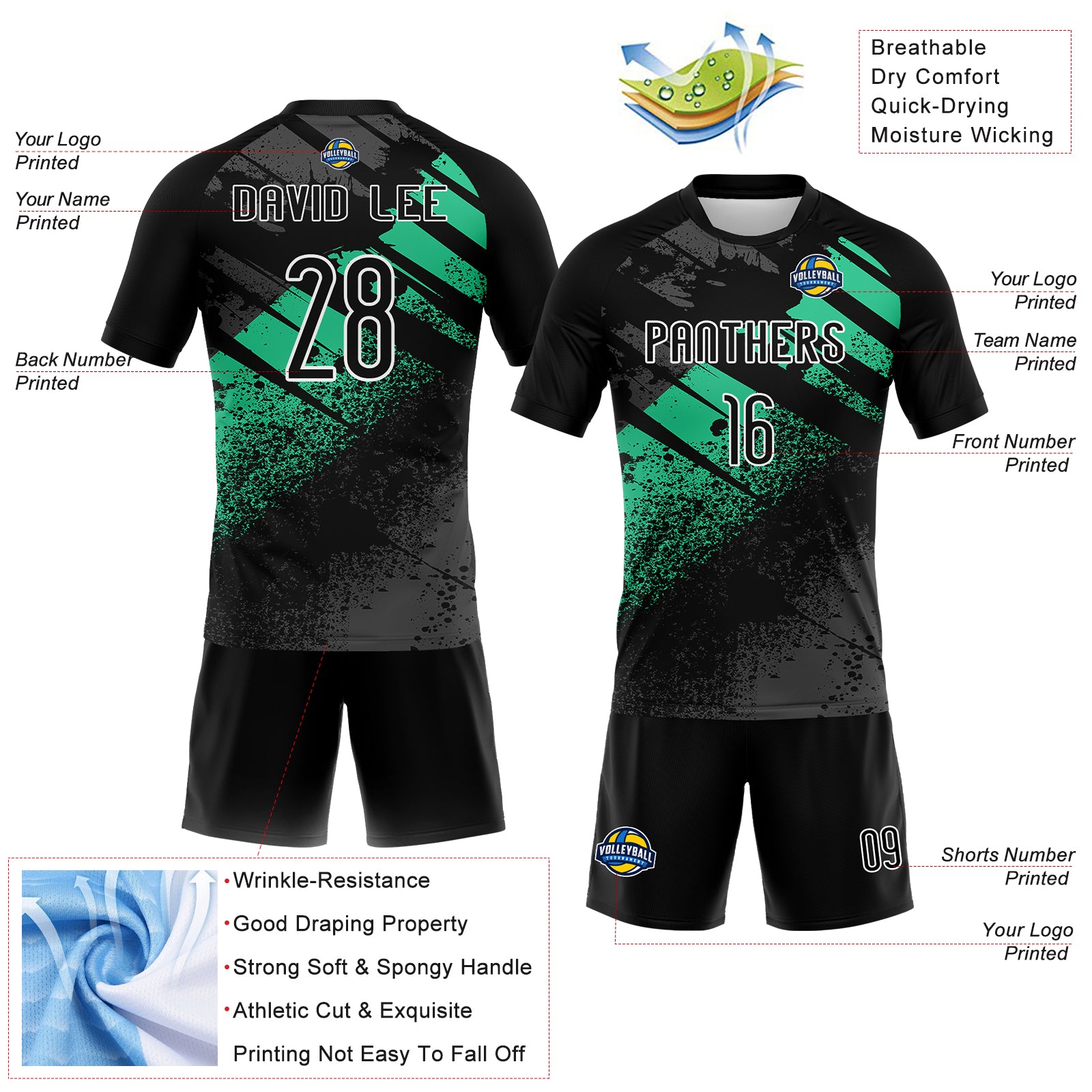 Personalized Volleyball Uniform Jersey - Black Pea Green White Splash Sublimation Design Personalized Black Pea Green-White - Image 4